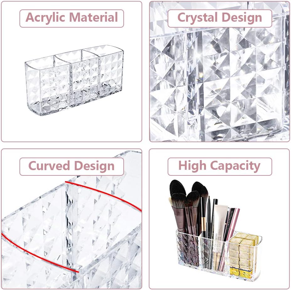 3-Compartment Crystal Cosmetic Organizer – Acrylic Makeup Brush & Lipstick Holder