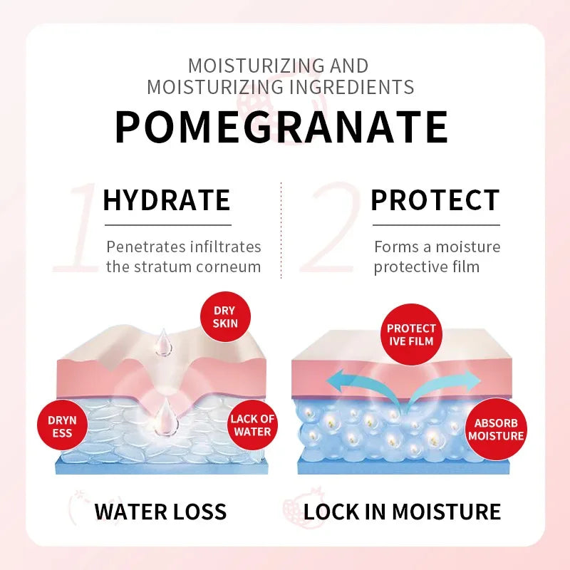* Red Pomegranate Extract: Contains antioxidants that help protect the skin from damage and brighten it. * Glycerin: A humectant that helps attract moisture to the skin. * Hyaluronic Acid: Helps moisturize the skin and fill in fine lines and wrinkles