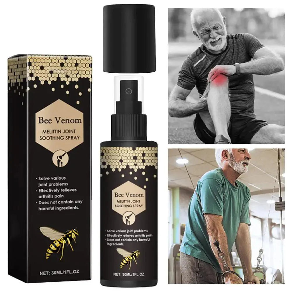 Bee Venom joint soothing spray for sore muscles, featuring an active older man applying it for relief. Portable and non-greasy formula.