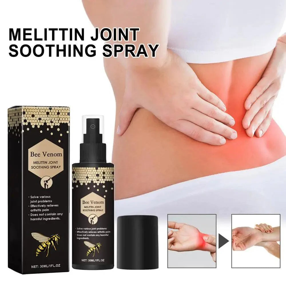 Melittin Joint Soothing Spray for muscle relief applied to a person's lower back, showcasing the product packaging and usage.