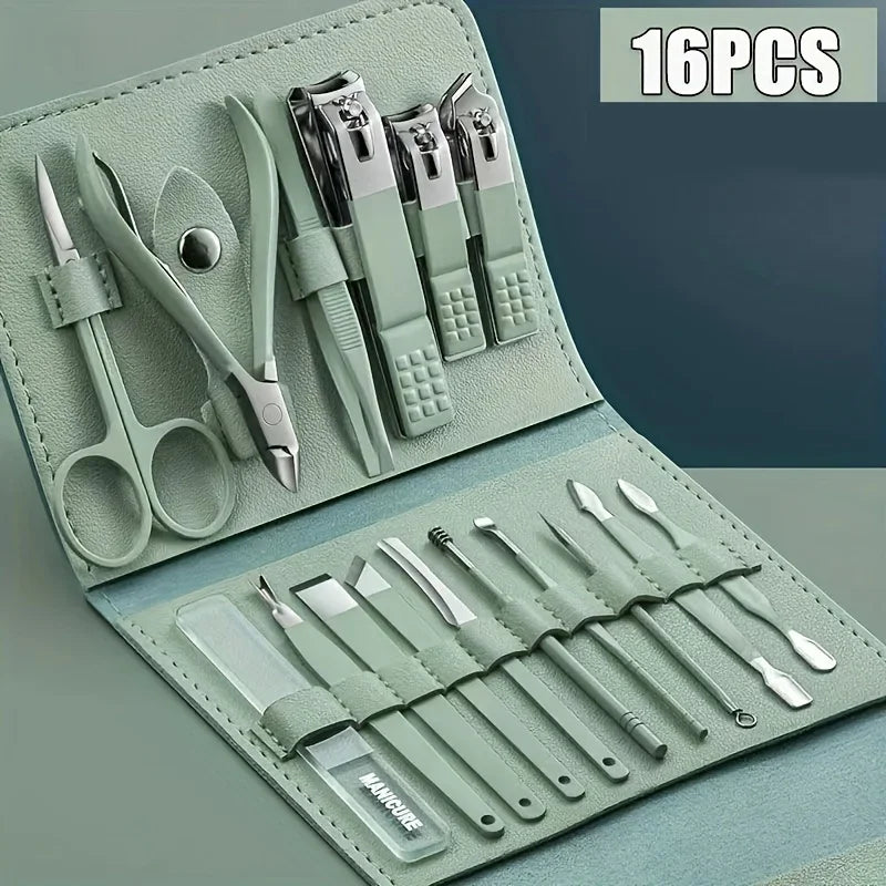 16pcs Professional Nail Clippers Set Stainless Steel - Manicure Pedicure Kit with Travel Case