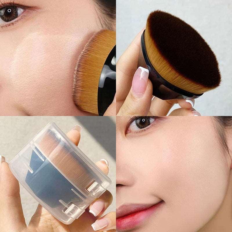 Petal-shaped flat top Kabuki brush applying foundation, showcasing the brush and its packaging for liquid cream cosmetics.