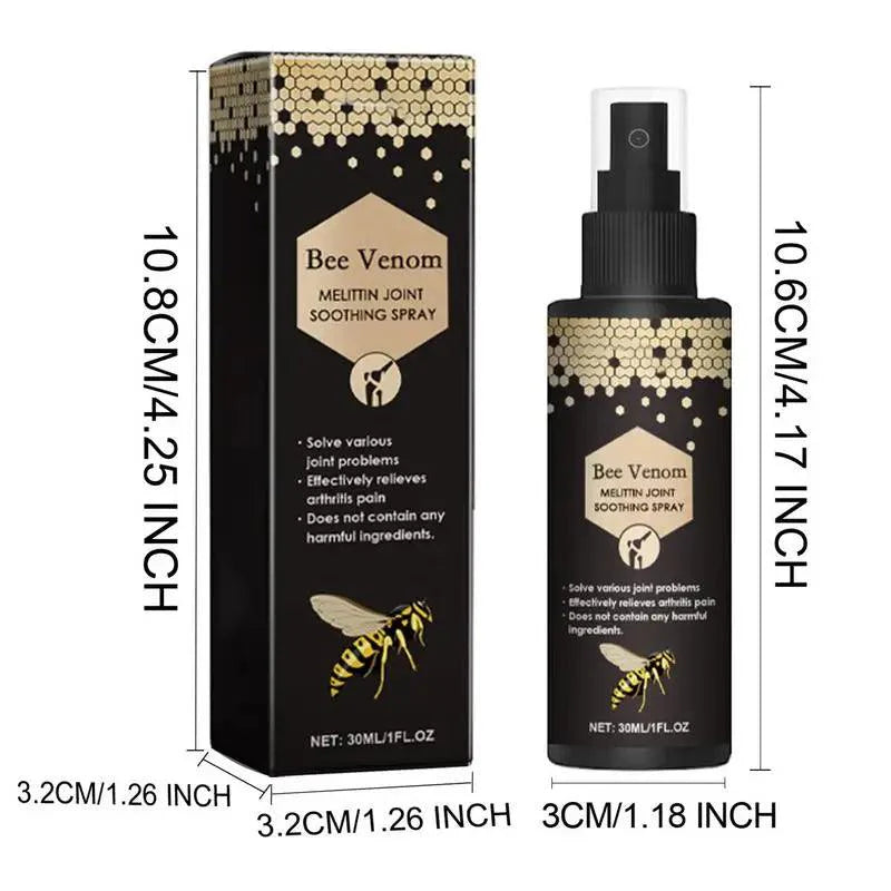 Bee Venom Joint Soothing Spray bottle and packaging, designed for portable muscle and joint relief. Non-greasy formula.
