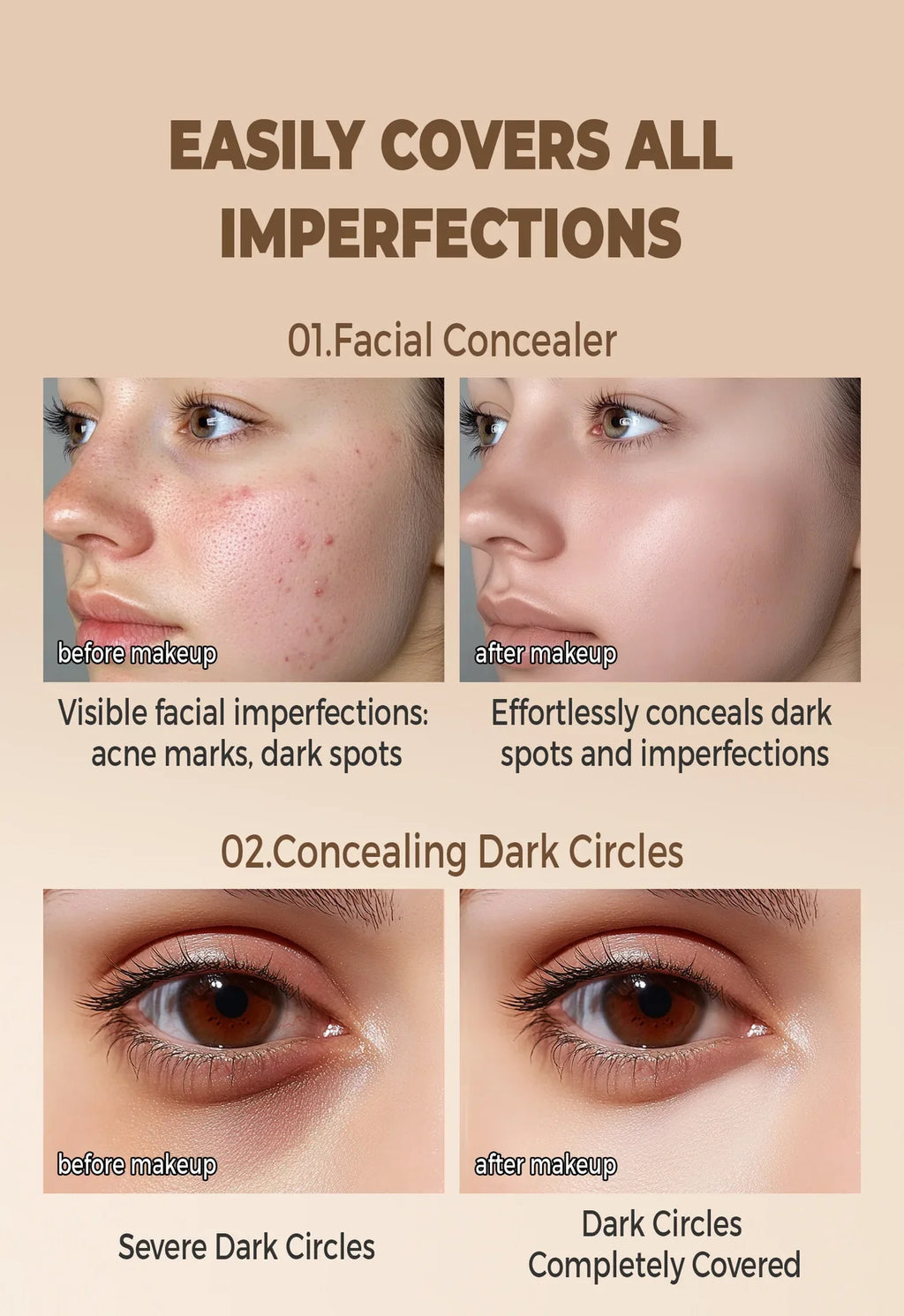 QIC Concealer Cover Freckles Dark Circles Acne Scars Quick-dry Waterproof Longlasting Acne Concealer Flawless Foundation Makeup