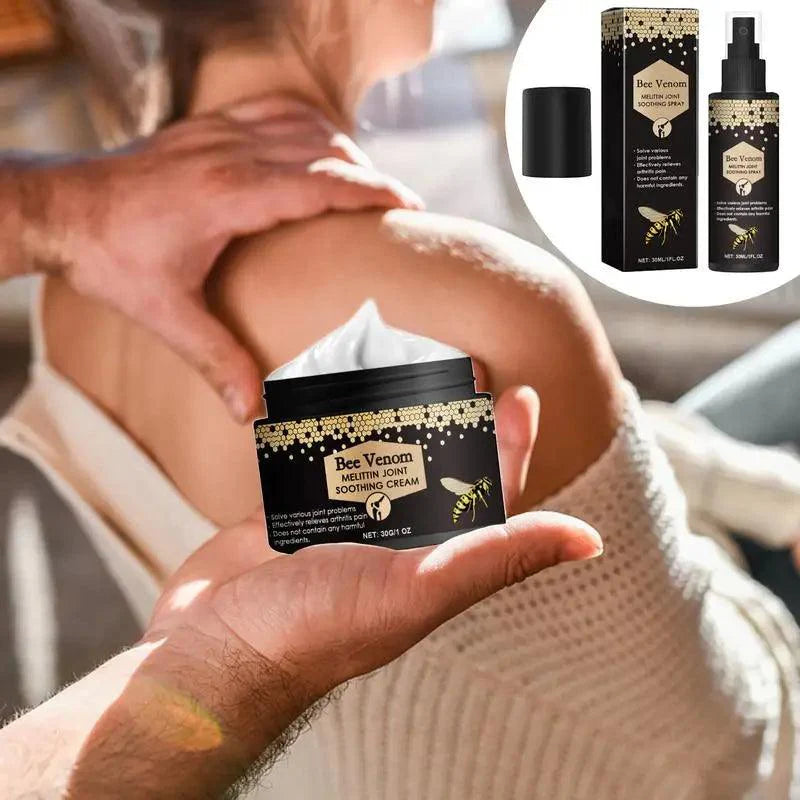 Bee Venom Joint Soothing Cream being applied on sore shoulder, highlighting the product and packaging for muscle relief.