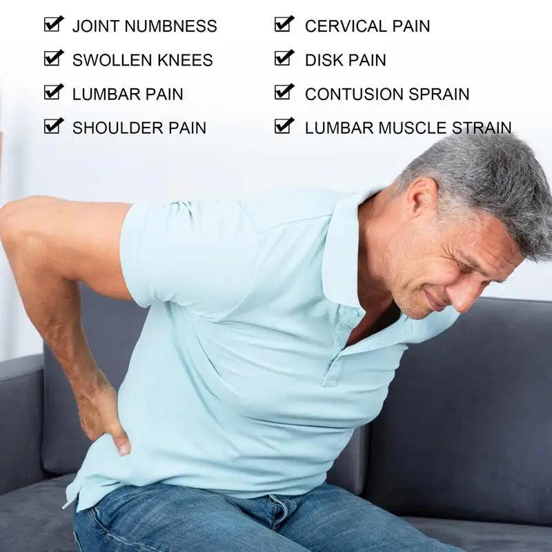 Man in blue shirt experiencing back pain with checkmarks for various joint and muscle issues.